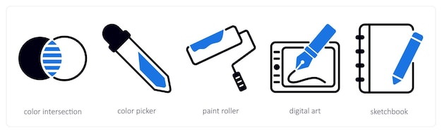 Un conjunto de 5 íconos de diseño como intersección de color selector de color rodillo de pintura