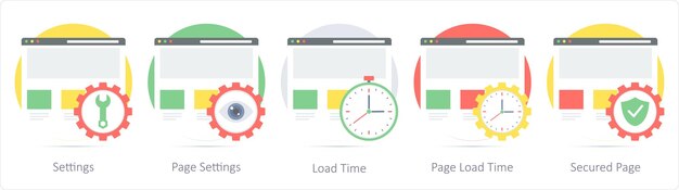 Un conjunto de 5 iconos de diseño web como configuraciones configuraciones de página tiempo de carga