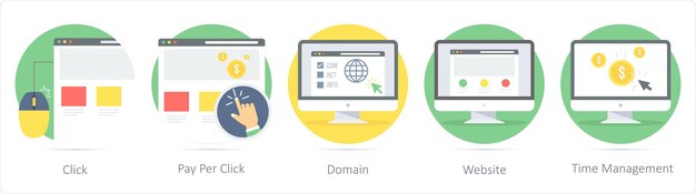 Un conjunto de 5 iconos de diseño web como dominio de pago por clic por clic