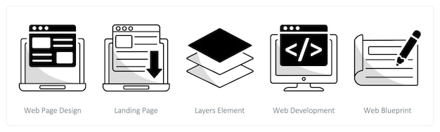 Un conjunto de 5 iconos de diseño web como elemento de capas de diseño de página de aterrizaje de página web