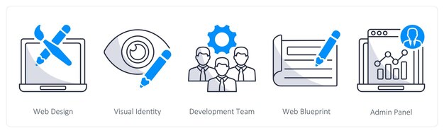 Un conjunto de 5 iconos de diseño web como equipo de desarrollo de identidad visual de diseño web