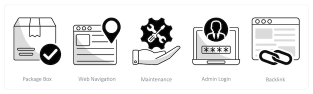 Un conjunto de 5 iconos de diseño web como paquete de mantenimiento de navegación web