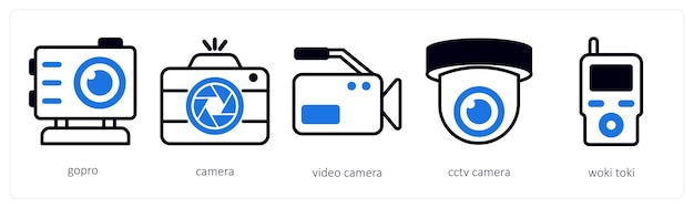 Un conjunto de 5 iconos de dispositivo como cámara de video de la cámara Gopro