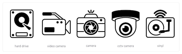 Un conjunto de 5 íconos de dispositivo como cámara de video de disco duro cámara