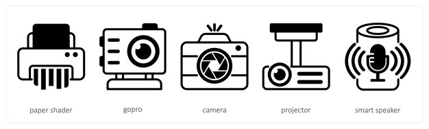 Un conjunto de 5 iconos de dispositivo como sombreador de papel proyector de cámara gopro