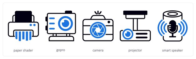 Un conjunto de 5 iconos de dispositivo como sombreador de papel proyector de cámara gopro