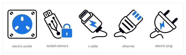 Vector un conjunto de 5 iconos de dispositivos como enchufe eléctrico bloqueado memoria c cable