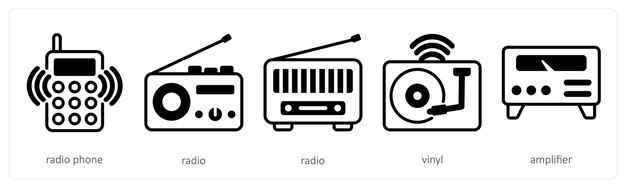 Un conjunto de 5 iconos de dispositivos como radio teléfono radio vinilo