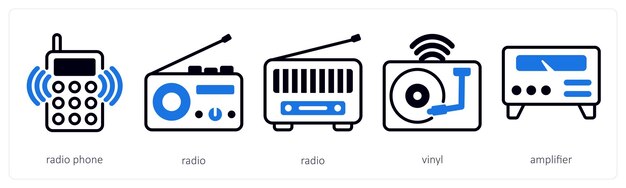 Un conjunto de 5 iconos de dispositivos como radio teléfono radio vinilo