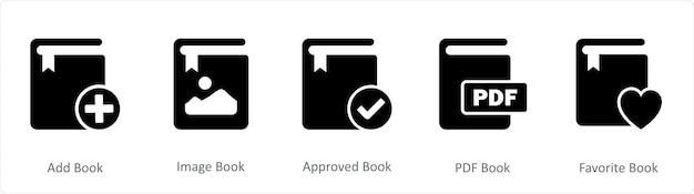 Vector un conjunto de 5 iconos de documento como añadir libro imagen libro aprobado libro