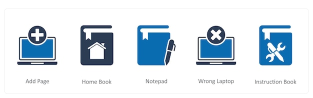Un conjunto de 5 iconos de documento como añadir página al bloc de notas del libro de inicio