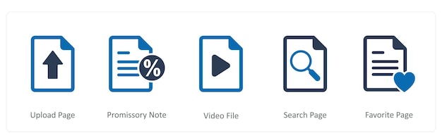 Un conjunto de 5 íconos de documento como archivo de video de nota de pago de página de carga
