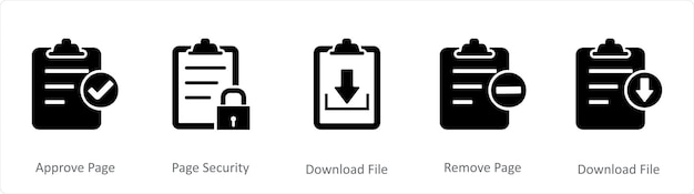 Vector un conjunto de 5 iconos de documento como página de aprobación página de seguridad descarga de archivo