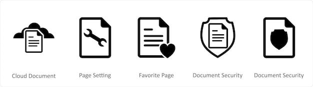 Un conjunto de 5 iconos de documento como página de documento en la nube configurando la página favorita