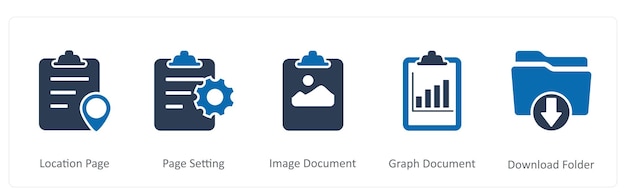 Un conjunto de 5 iconos de documento como página de ubicación página de configuración de documento de imagen