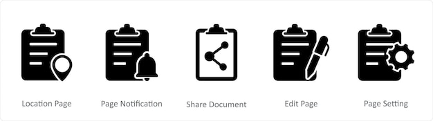 Un conjunto de 5 iconos de documento como página de ubicación página de notificación documento compartido