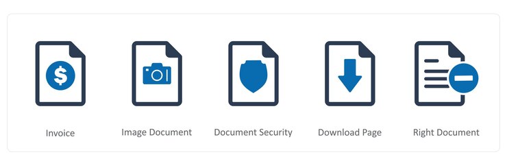 Vector un conjunto de 5 íconos de documentos como imagen de factura, documento y seguridad de documentos