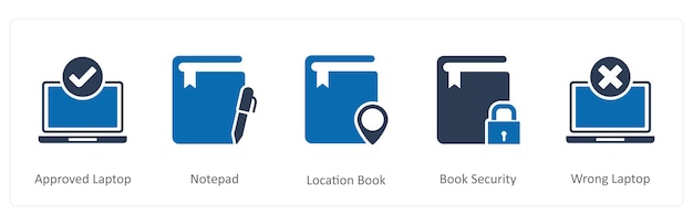 Un conjunto de 5 iconos de documentos como libro de ubicaciones de bloc de notas de portátil aprobado