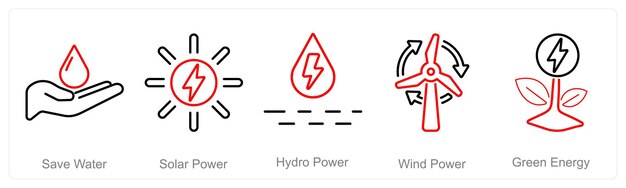 Un conjunto de 5 iconos de ecología como ahorrar agua energía solar energía hidroeléctrica