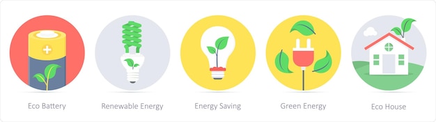 Vector un conjunto de 5 iconos de ecología como batería ecológica de energía renovable de ahorro de energía