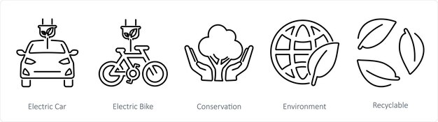 Un conjunto de 5 íconos de ecología como conservación de coches eléctricos y bicicletas eléctricas