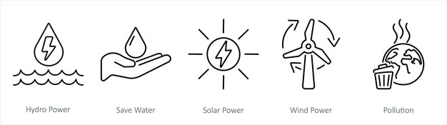 Un conjunto de 5 iconos de ecología como la energía hidroeléctrica ahorra agua energía solar