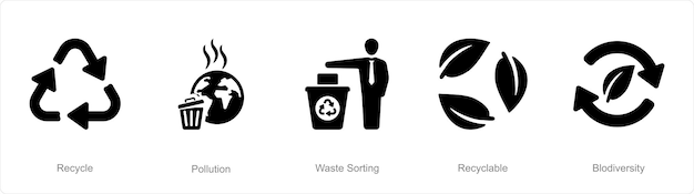 Un conjunto de 5 íconos de ecología como reciclaje, contaminación y clasificación de residuos