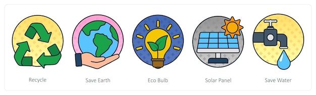Un conjunto de 5 iconos de ecología como reciclar salvar la tierra eco bombilla