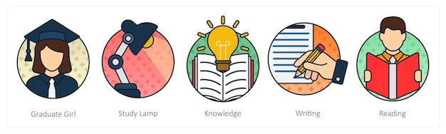 Un conjunto de 5 íconos de educación como alumna graduada conocimiento de lámpara de estudio