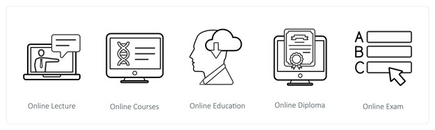 Un conjunto de 5 iconos de educación en línea, como conferencias en línea y cursos en línea