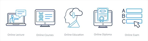 Vector un conjunto de 5 íconos de educación en línea, como cursos en línea de conferencias en línea