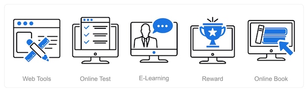 Un conjunto de 5 íconos de educación en línea como herramientas web de prueba en línea de aprendizaje electrónico