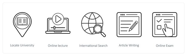 Un conjunto de 5 iconos de educación en línea como localizar la conferencia en línea de la universidad
