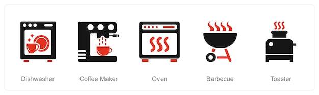 Un conjunto de 5 iconos de electrodomésticos como el lavaplatos, la cafetería y el horno