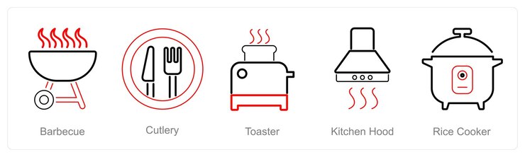 Vector un conjunto de 5 iconos de electrodomésticos como tostadora de cubiertos de barbacoa