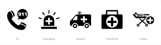 Un conjunto de 5 íconos de emergencia como ambulancia médica 911