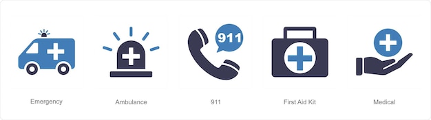 Un conjunto de 5 iconos de emergencia como emergencia policial urgente