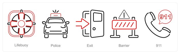 Vector un conjunto de 5 íconos de emergencia como salida de la policía lifeuoy