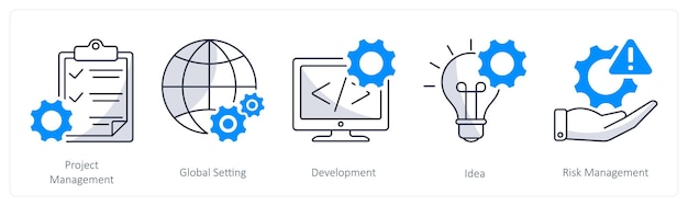 Un conjunto de 5 iconos empresariales como desarrollo de la configuración global de gestión de proyectos