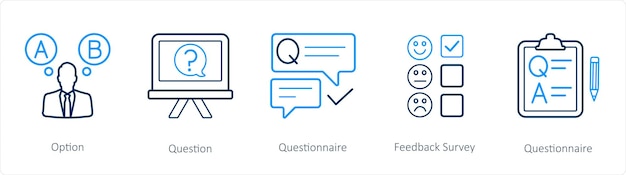 Un conjunto de 5 íconos de encuestas y calificaciones, como un cuestionario de preguntas de opción