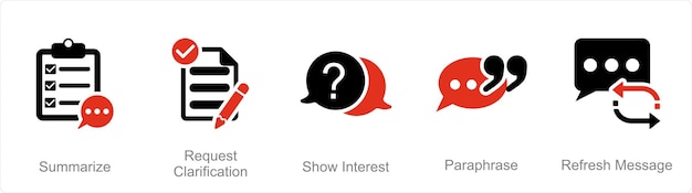 Un conjunto de 5 íconos de escucha activa como resumen de solicitud de aclaración muestran interés
