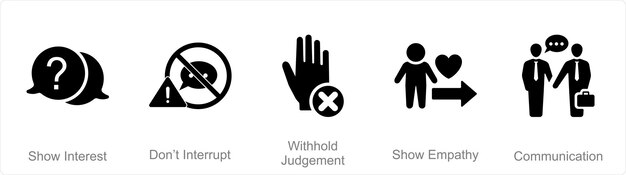 Un conjunto de 5 íconos de escucha activa que muestran interés y no interrumpen el juicio.