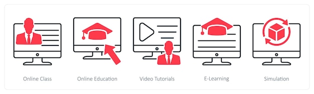 Un conjunto de 5 íconos de la escuela y la educación como clases en línea tutoriales de video de educación en línea