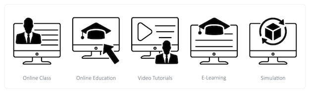 Un conjunto de 5 íconos de la escuela y la educación como clases en línea tutoriales de video de educación en línea