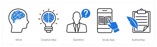 Un conjunto de 5 íconos de la escuela y la educación como mente pregunta de idea creativa