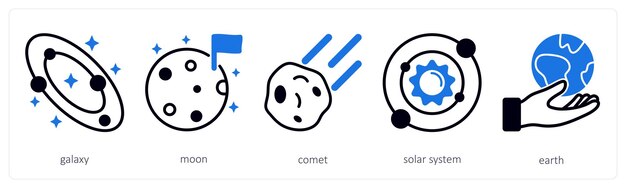 Un conjunto de 5 iconos espaciales como el cometa luna de la galaxia