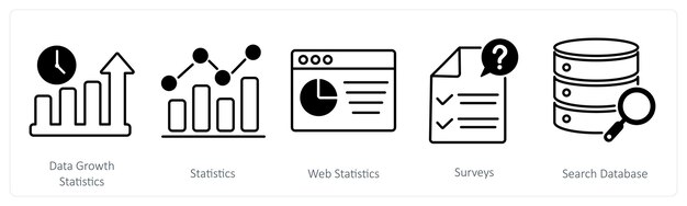 Un conjunto de 5 iconos de estadísticas como estadísticas de crecimiento de datos estadísticas de estadísticas web
