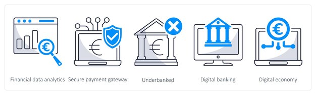 Un conjunto de 5 iconos de euro como una pasarela de pago segura de análisis de datos financieros subbancarios