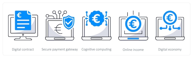 Un conjunto de 5 íconos de euro como puerta de entrada de pago segura de contrato digital informática cognitiva