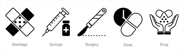 Vector un conjunto de 5 íconos de farmacia como cirugía de jeringuilla de vendaje